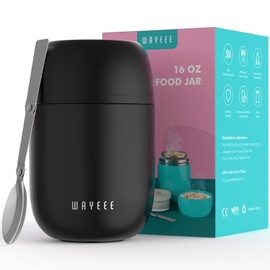 WayEee Food Thermos for Hot Food Insulated Food Jar, Vacuum Bento Box Lunch Containers 16 oz for Kids Adults, Airtight Stainless Steel Food Soup Thermos with Spoon, for School, Travel, Picnic - Black