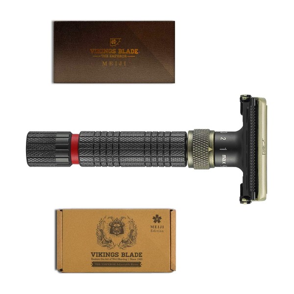 Adjustable Double Edge Safety Razor, The Emperor MEIJI by VIKINGS BLADE, Short & Fat Handle, Solid Brass, Butterfly Twist-To-Open, Eco Friendly, Luxury Case. Smooth, Close, Clean Shaving Razor