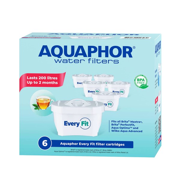 AQUAPHOR Every Fit Replacement Filter Cartridge Pack of 6 - Compatible with All Aqua Optima Filter jugs and Brita Maxtra+ Reduces limescale, Chlorine and Other impurities.