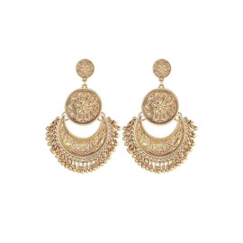 Antique Ethnic Brocade Mexico Gypsy Engraved Lotus Hook Dangle Earrings for Women(Gold)