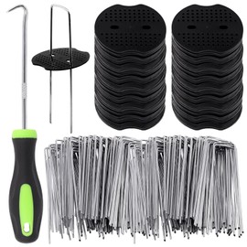 Glarks 101pcs Garden Stakes Staples Kit, 50pcs 6 Inch U-Shaped Landscape Staples, 50pcs Fixing Gasket with 1pcs Pick Hook for Weed Barrier Fabric, Ground Cover, Holding Fence and Artificial Turf