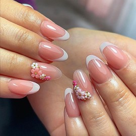 Pink Flowers Charms Press on Nails Short Almond Fake Nails with Pink Flower Gold Beads Charms Design White French Tip False Nails Floral Glue on Nails Artificial Stick on Nails for Women Girls 24Pcs