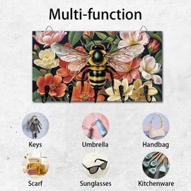 DELORIGIN Bee Flowers Key Holder Key Hooks Wall Mounted Wooden Key Racks with 5 Hooks Key Storage Organizer House Key Hanger for Wall Decor Door Entryway Hallway Kitchen New Home Gift