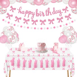 Pink Birthday Party Decorations Set, Bow Birthday Decorations Bow Glittery Happy Birthday Banner Garland Pom Pom Garland Tassel Garland Balloons and Bow Tablecloth for Bow Theme Birthday Party