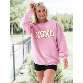 MAPICK Womens Sweatshirt Oversized Embroidered Crewneck Tops Holiday Long Sleeve Outfits(Pink,Medium)