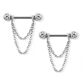 Pierced Owl 14GA 316L Stainless Steel CZ Crystal Ball Ends with Double Dangling Chains Nipple Barbells, Sold as a Pair (Silver Tone)