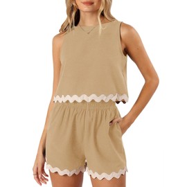 Tankaneo - Conjunto casual de 2 piezas para mujer, conjunto de camisetas sin mangas, pantalones cortos a juego, Caqui, Small