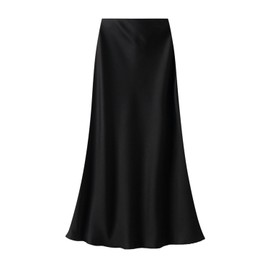 FM2018XSL Falda Midi de Satén para Mujer, Falda Larga de Sirena con Cintura Elástica Oculta, Falda De Fiesta,M,Negro