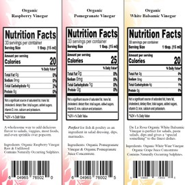 De La Rosa Organic Vinegar Variety Pack, Raspberry, Pomegranate & White Balsamic Vinegar, Vegan, Kosher, Non-GMO & Gluten Free, Great for Salad Dressing, Marinades & More | 16.9 Oz (Pack of 3)