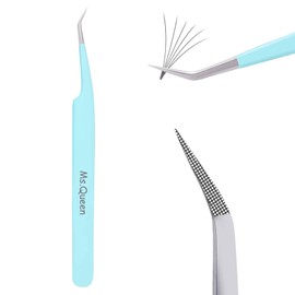 Ms.Queen - Pinzas para extensiones de pestañas, punta de fibra profesional de 45 grados, para extensiones de pestañas de volumen, color azul