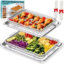 Xumilas Air Fryer Basket for Oven, 2 Set Stainless Steel Pan & Crisper Tray (15"x11" &12.8"x9.7") with 60 Parchment Papers, Family-Size Non-Stick Oven Basket for Baking Chicken, Fries, Dishwasher Safe