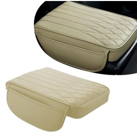Sinytuto 1 Pack Car Center Console Armrest Protective Cover with Pocket, 12.59In x 8.66In x 1.96In Soft Leather Vehicle Armrest Pad, Universal Automotive Decoration for Truck SUV Car (Beige)
