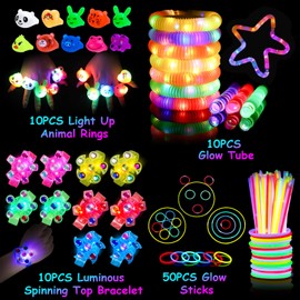 Hzdyopk 80PCS LED Light Up Toys Party Favors for Kids, Glow in the Dark Party Supplies, 50PCS Glow Sticks, 10PCS Glow Rotating Gyro Bracelets, 10PCS Glow tubes, 10PCS Glow Animal Rings