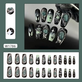 24Pcs Gothic Press on Nails Medium Coffin Fake Nails 3D Y2K False Nails with Star Irregular Silver Designs Black Green Gradient Glue on Nails Silver Metal Nail Tips Full Cover Dark Stick on Nails Set