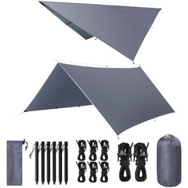 VOSOIR Tarp 3 x 3 m Waterproof, Ultralight Camping Tent Tarpaulin, with 9 Eyelets + 6 Aluminium Pins + 8 Nylon Ropes, Anti-UV Snow Rain Protection, Lightweight Compact, for Hammock, Camping, Picnic