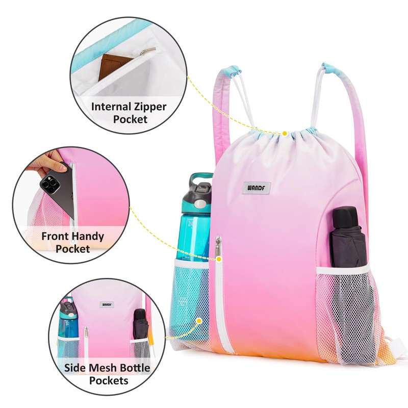 WANDF Drawstring Backpack with Shoulder Pad Sports Gym Backpack with