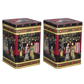 tea4chill Set of 2 Tea Canisters for Loose Tea 500 g, Spice Jars, Black Japanese, Metal, Square with Hinged Lid, 102 x 102 x 146 mm (L x W x H)