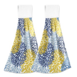 Kcldeci Dahlia Floral 2 Pcs Hanging Kitchen Hand Towels Boho Paisley Blue and Yellow Flower Rustic Kitchen Wears Hanging Tie Towels Dishcloths Sets