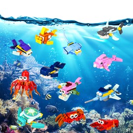 Toy Building Blocks for 3-8 Year Old Boys Sea Animal Building Block Party Bag Fillers for Kids Age 4 5 6 7 Toy Animal Building Block Set Birthday Present Gifts for Boys Kids Age 3-12 Party Bag Fillers