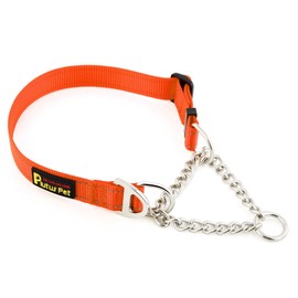 Plutus Pet Martingale Dog Collar with Stainless Steel Chain and Reflective Nylon, Adjustable No Pull Training Collar, for Small Medium, and Large Dogs, Orange, M
