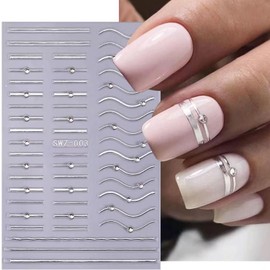Gold Silver Nail Art Stickers Kit,2Pcs Metallic French Stripe Line Nail Sticker with Crystal Rhinestone Nail Adhesive Decals French Tip Sliders Decoration Foils DIY Manicure Art Accessories for Women