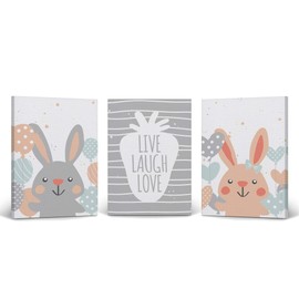 Smile Art Design Cute Gray Pink Rabbit Live Laugh Love Gray White Background 3 PIECE CANVAS PRINT SET Kids Room Decor Wall Art Baby Boy and Girl Room Decor Ready to Hang Made in the USA (22x15) x3