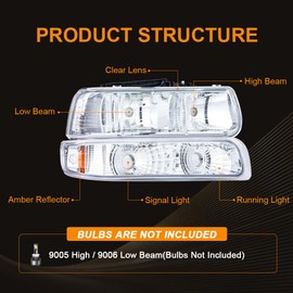 DimFlux Headlight Assembly Compatible with 1999-2002 Chevy Silverado 1500 2500/2001-2002 Silverado 1500HD 2500HD 3500HD Chrome Housing Amber Reflector