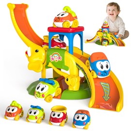 FUYLE Toddler Toys for 1 2 Year Old Boys and Girls, Elephant Slide with 4 Animal Cars, Educational Learning Baby Toys for Toddlers 1+ Year Old, Push Car Track Birthday Gifts for Ages 18 Months and up