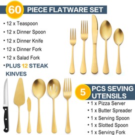 LIANYU 77-Piece Matte Gold Silverware Set with Steak Knives and Serving Utensils, Modern Stainless Steel Flatware Cutlery Set for 12, Fancy Eating Utensils Set Tableware