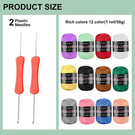 HOVIBU 12 Farben Wolle zum Häkeln Stricken, Baumwolle zum Häkeln mit 2 Häkelnadeln, 12x50g Acryl Wolle, Baumwollgarn für Anfänger Set, Crochet Yarn für Häkeln, Stricken und Handwerk