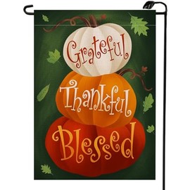 Grateful Thankful - Bandera de jardín de calabaza bendita de Acción de Gracias, 12 x 18 pulgadas, doble cara para exteriores, hojas de arce de otoño, bienvenida, pequeñas banderas de otoño, regalo de