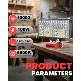 LIVOWALNY LED Work Lights Compatible with Milwaukee 18V Battery, 100W 10000LM 7" Flood Light Portable with USB & Type-C Charging Port & Low Voltage Protection 140° Pivoting Head, Battery Not Included
