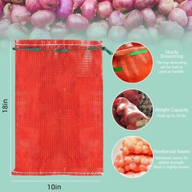 10 lb Mesh Onion Bags, 10"×18" Mesh Produce Bags Hanging Reusable Breathable Vegetable Storage Net Bags with Drawstring for Onions Potatoes Citrus Crawfish, Red (Pack of 100)