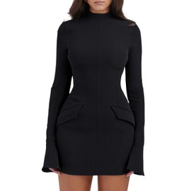 YMDUCH Women's Long Sleeve Mock Turtle Neck Bodycon Mini Tank Short Party Dress Black