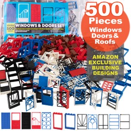 500 Pieces Windows, Doors, and Roof Building Block Bricks - Includes Over 500 Pcs of Unique Doors & Windows for Modular House Building - Tight Fit w All Major Brands - Kids STEM Holiday Xmas Gift