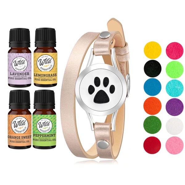 Wild Essentials Dog Paw Essential Oil Leather Wrap Bracelet Diffuser Kit, Gift Set, Lavender, Lemongrass, Peppermint, Orange Oils, 12 Pads, Customizable Color Changing Perfume Jewelry, Aromatherapy
