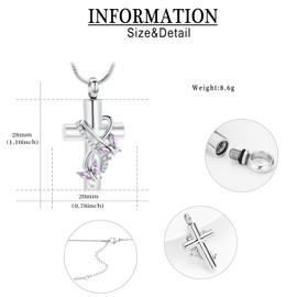 Urn Necklaces for Ashes Butterfly Cremation Jewelry for Ashes Cross With Crystal Butterfly Memorial Ash Pendant Keepsake Jewelry Gifts Silver-purple