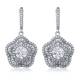 Gem Stone King 925 Sterling Silver White Zirconia Flower Dangle Earrings For Women (5.64 Cttw, Gemstone Birthstone, Round 6MM)