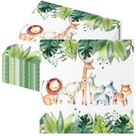 XHYASD Pack of 40 Napkins Children's Birthday, Napkins Forest Animals, Jungle Decoration Birthday, Table Decoration Birthday Boy, Forest Animals Birthday Decoration, Leaves, Green for Napkins Birthday