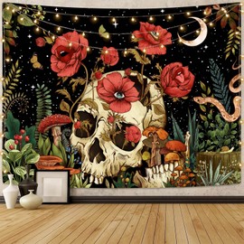 kampdream Skull Floral Tapestry, Trippy Mushroom Skeleton Goth Garden Aesthetic Tapestries for Bedroom 36×48 inch