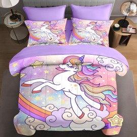 WeCozy 5 Pcs Twin Size Comforter Set with Pillowcase & Sham, Cute Animal Unicorn Bedding Set for Kids and Adults, Rainbow Girls Love Bed in a Bag with Flat Sheet and Fitted Sheet
