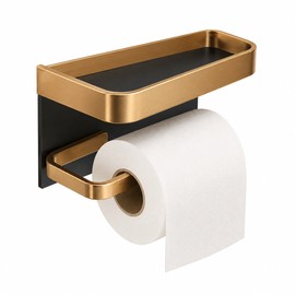 Aluminum Toilet Paper Holder with Shelf – No-Drill Black Gold Wall Mount for Bathroom & Kitchen Storage