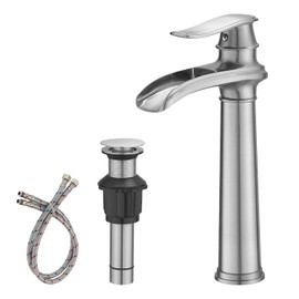 BWE Vessel Sink Faucet Brushed Nickel Tall Waterfall Bathroom Faucet Deck Mount Single Handle One Hole Lavatory Vanity Faucet with Pop Up Drain Assembly and Supply Hose