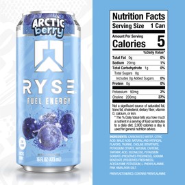RYSE Fuel Energy Drink - Arctic Berry - Sugar Free, Gluten Free & Vegan - 200mg Natural Caffeine, Taurine & Choline for Focus & Energy - No Artificial Colors - 16 fl oz Cans (12-Pack)