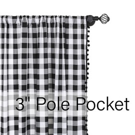 White Black Buffalo Check Valance for Kitchen Window Rod Pocket Gingham Plaid Farmhouse Country Window Valances Curtains with Pom Poms, 52 x 16 Inch, 1 Piece