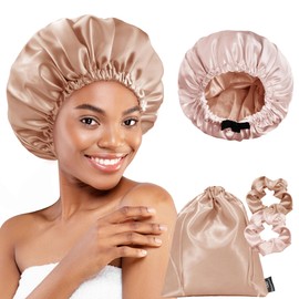 BONNET QUEEN Dual-Layer Reversible Silk Sleep Bonnet with Adjustable Elastic Band, Ladies' Night Cap for Curly Long Natural Straight Hair Wigs, Champagne and Jade