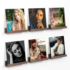 ELITEROO Vinyl Record Shelf Wall Mount, 6 Pack 12 inch Album Record Holder Display Vintage Vinyl Holders on Wall, Wooden Floating Shelves for Living Room, Bedroom, Kids Room, Music Room, Rustic Brown