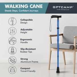 GPTCAMP Walking Cane for Men & Women,T-Grip Handle Adjustable Canes | Collapsible & Folding Design, Anti-Slip Pivot Tip, Lightweight Durable Walking Sticks for Seniors & Adults（Dark Blue）