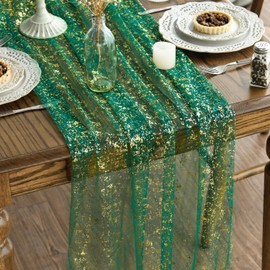 Artoid Mode Gauze Cheesecloth Glitter Foil Green Gold Pack of 3 Table Runner 70 x 300 cm Kitchen Table Decoration Indoor Holiday Chiffon Party Decor