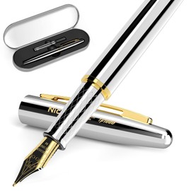 Nicpro Fountain Pen Set, Luxury Silver-Gold Fancy Pen, 0.7mm Medium Nib with Ink Refill Converter, Metal Pen Case Smooth Writing Calligraphy Refillable Pen for Men Women Professional, Office, Business